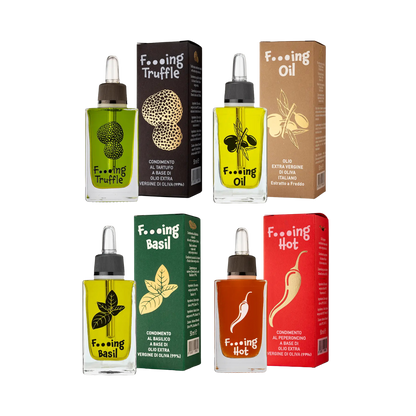 Set aus verschiedenen hochwertigen italienischen Würzölen. Chilli, Basilikum, Trüffel und Olivenöl. Perfektes Geschenk für Genießer.