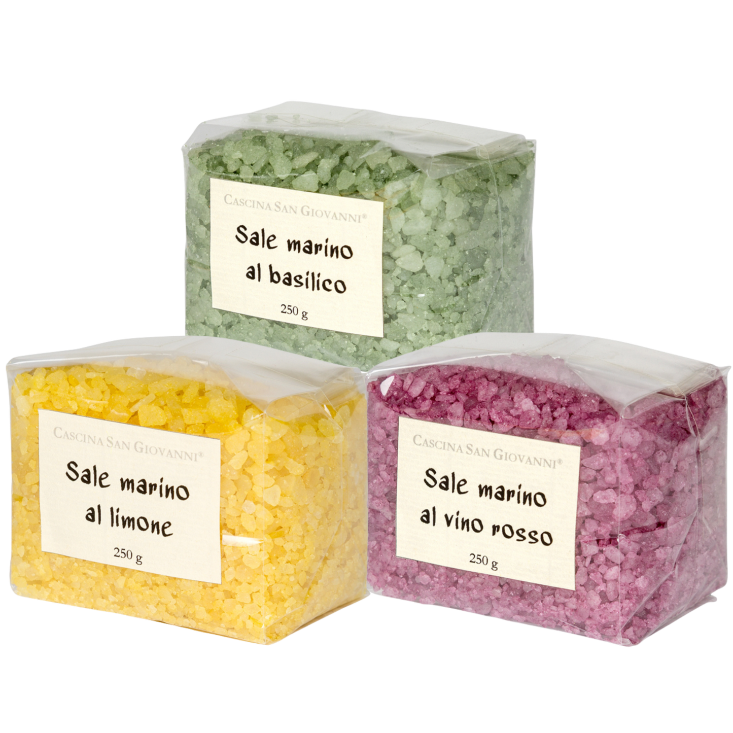 Set aus verschiedenen italienischen Meersalzen mit Rotwein-, Basilikum- und Zitrusgeschmack.