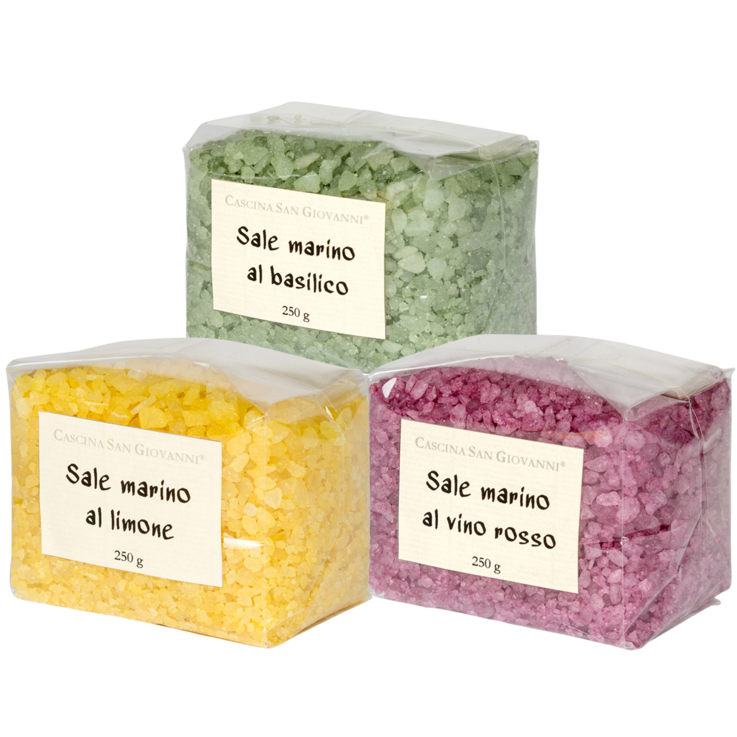 Set aus verschiedenen italienischen Meersalzen mit Rotwein-, Basilikum- und Zitrusgeschmack.