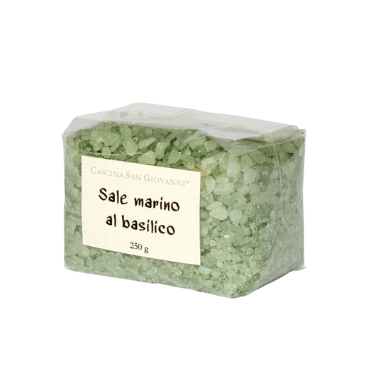 Meersalz mit Basilikumgeschmack aus Italien. Perfekt zum Verfeinern von Pasta, Risotto, Gemüsegerichten, Saucen und frischen Salaten.