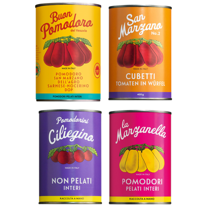 Set aus vier verschiedenen Tomaten im eigenen Saft. Ideal zum Probieren der italienischen Tomatenkultur.