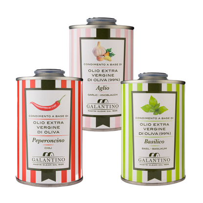 Set aus italienischen Würzölen. Chilli, Knoblauch und Basilikum. Perfekt als Geschenk für Genießer oder zum Verfeinern mediterraner Gerichte.